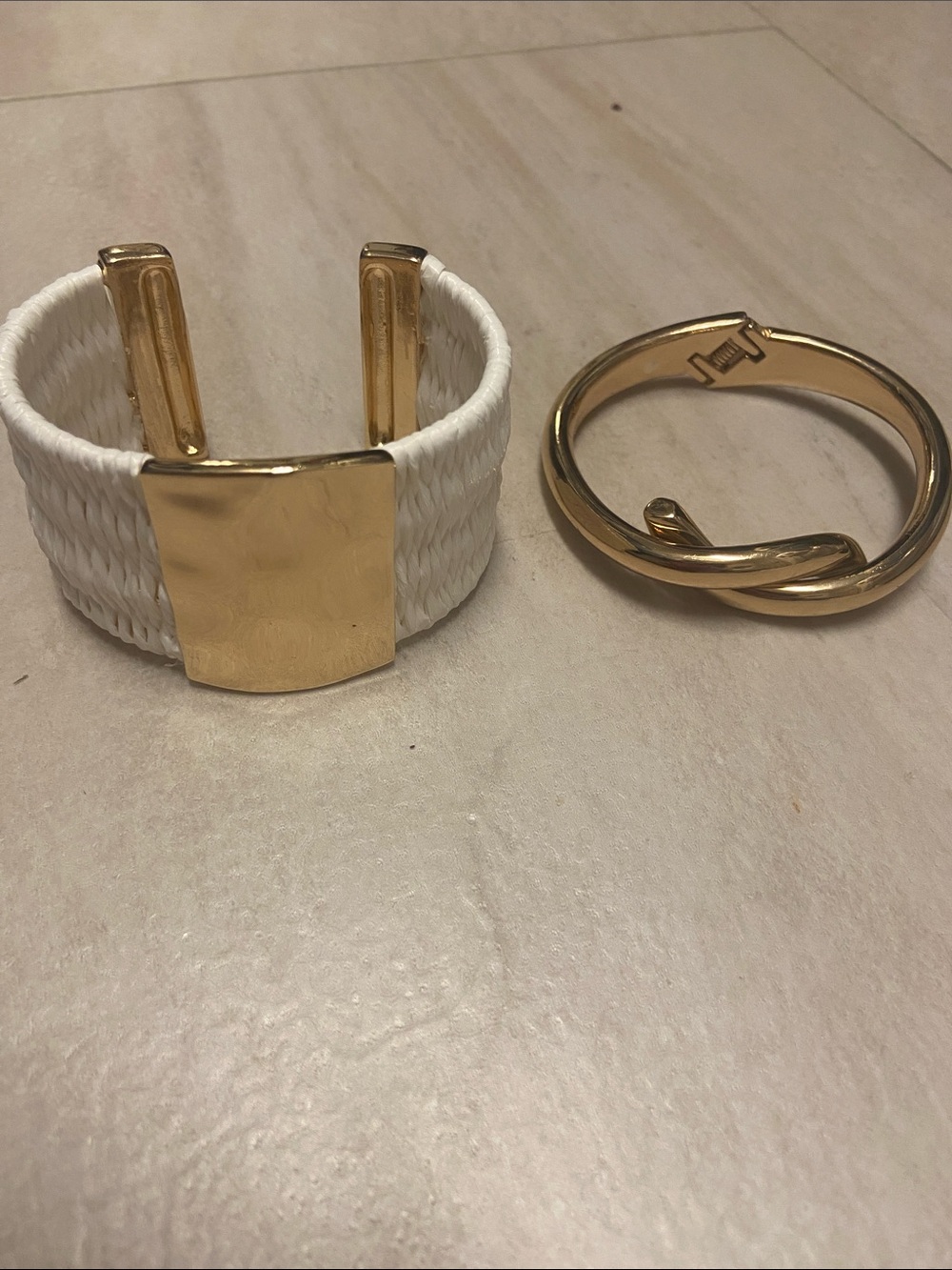 1 WHBM Ecru Raffia + gold cuff
1 gold Bangle bracelet.